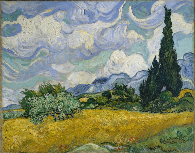 Wheat fiedl with cypresses